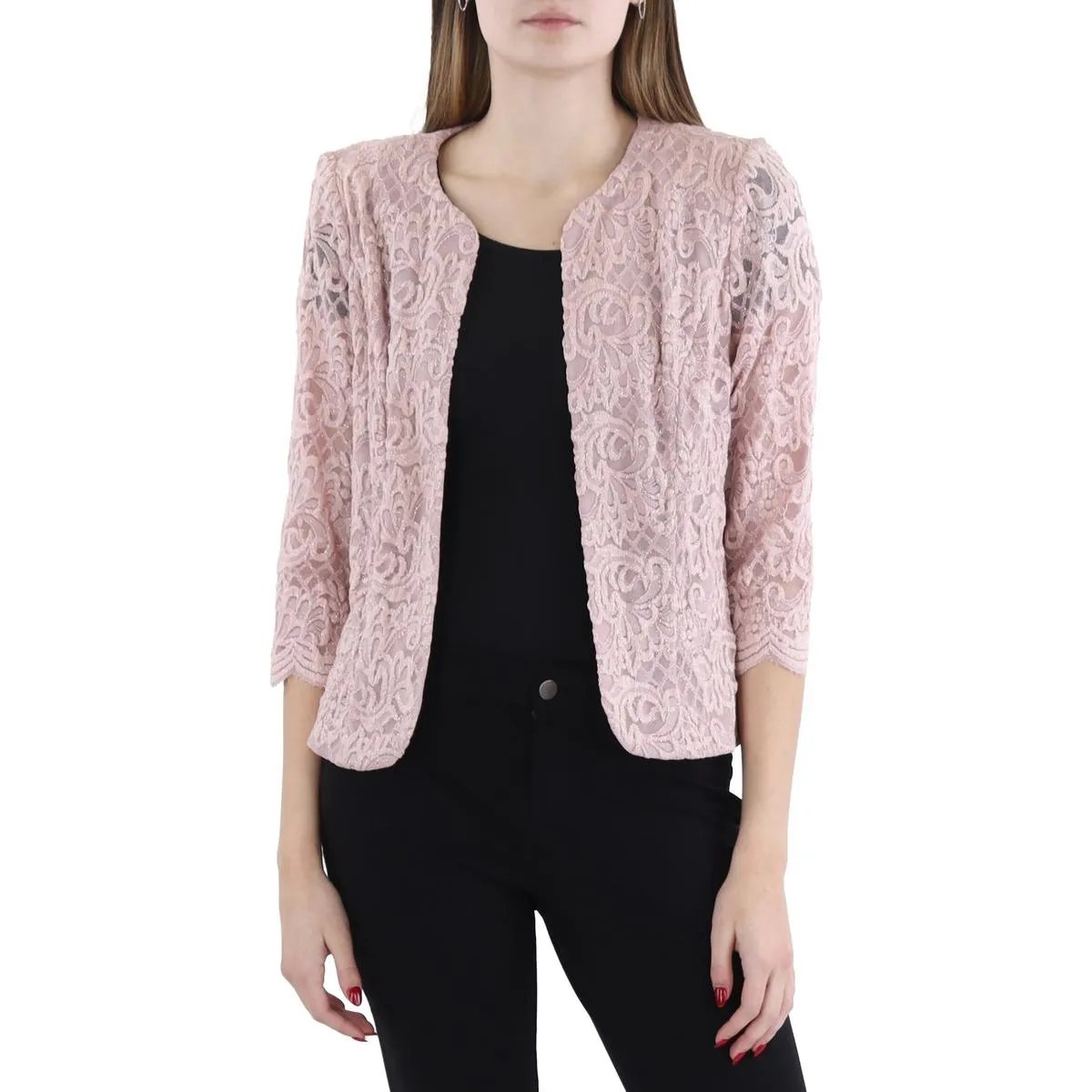 Womens Lace Glitter Collarless Blazer