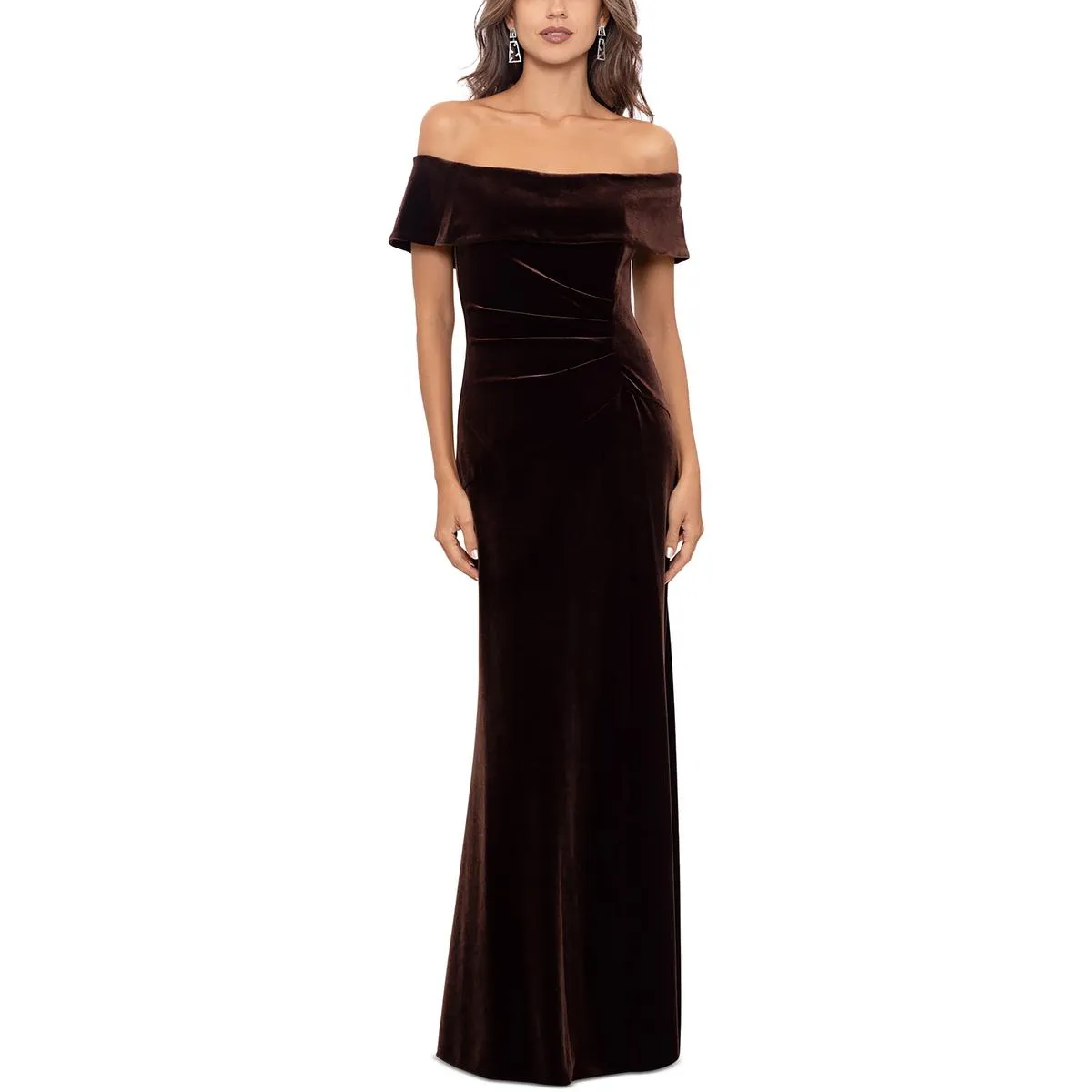 Womens Velvet Ruched Evening Dress