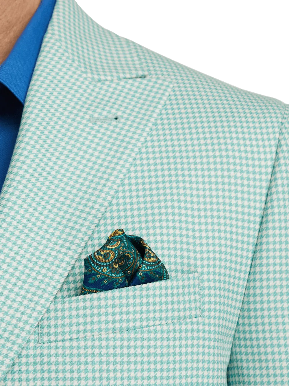 Wool Houndstooth Single Breasted Peak Lapel Sport Coat - Aqua