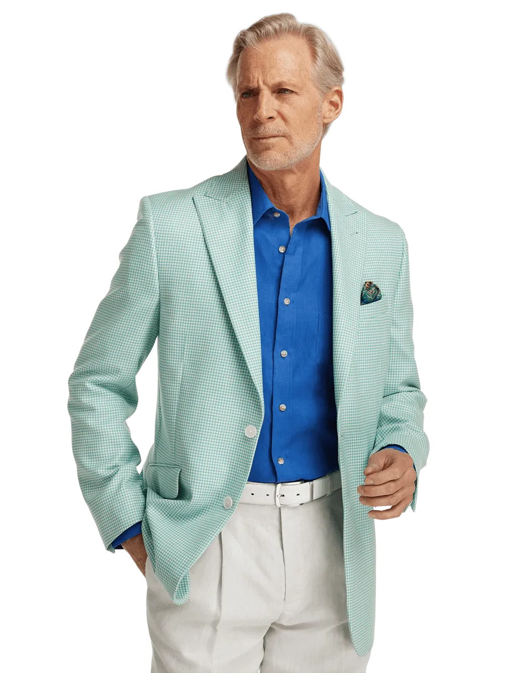 Wool Houndstooth Single Breasted Peak Lapel Sport Coat - Aqua