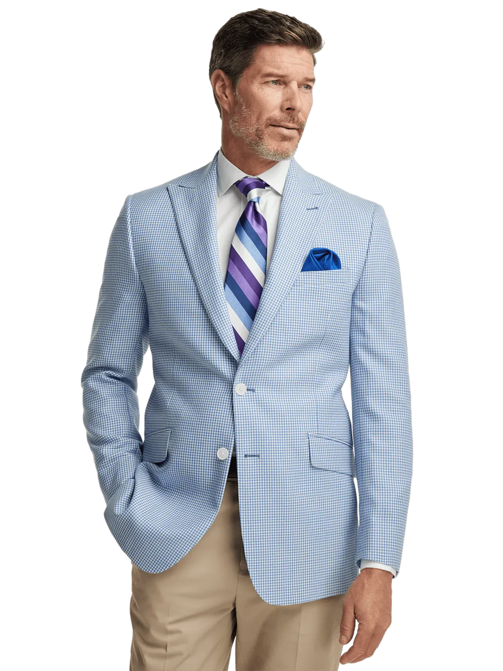 Wool Houndstooth Single Breasted Peak Lapel Sport Coat - Ocean Blue