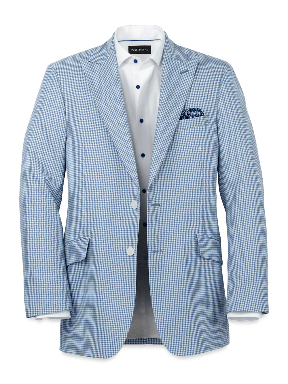 Wool Houndstooth Single Breasted Peak Lapel Sport Coat - Ocean Blue