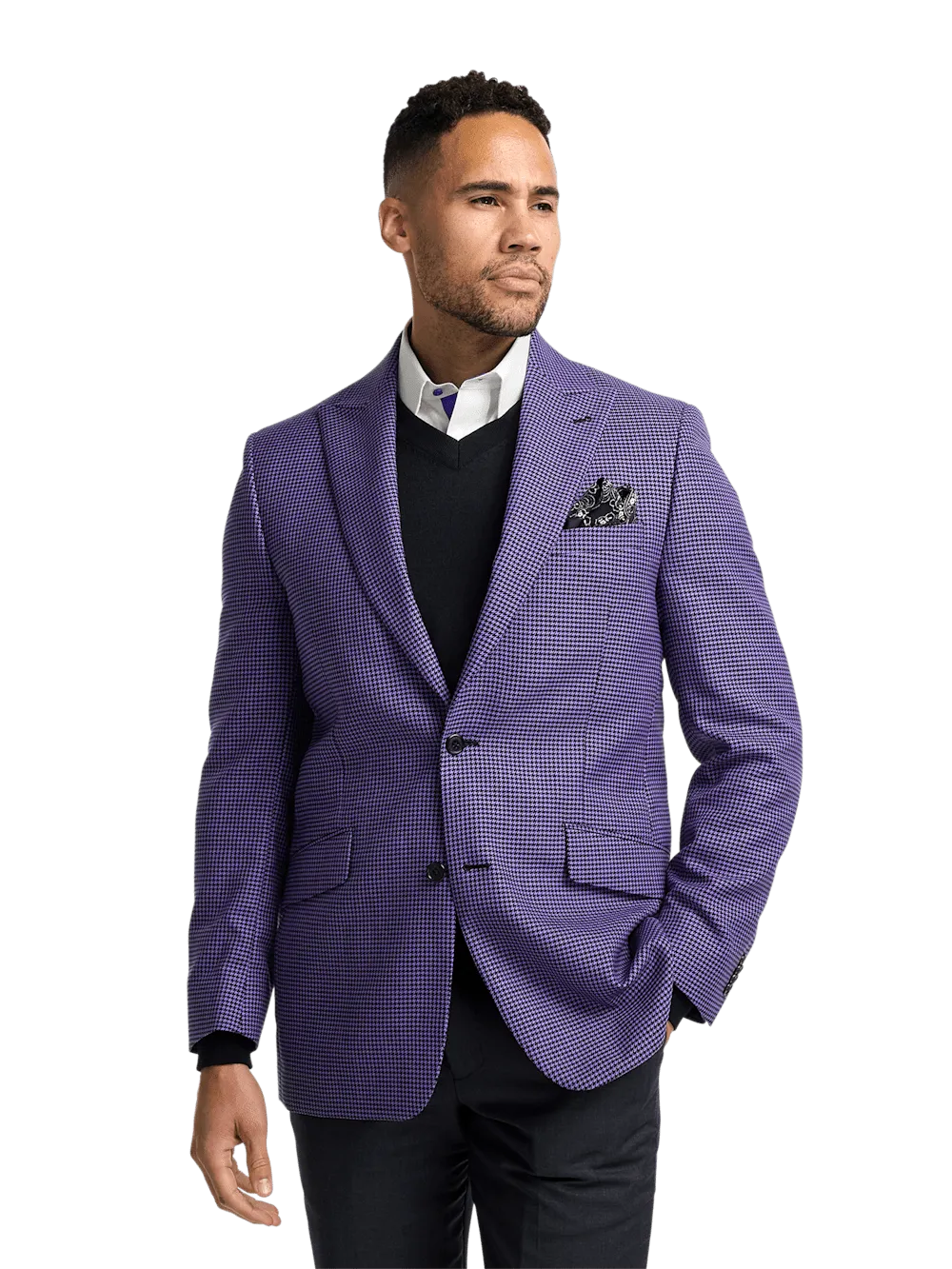 Wool Houndstooth Single Breasted Peak Lapel Sport Coat - Purple
