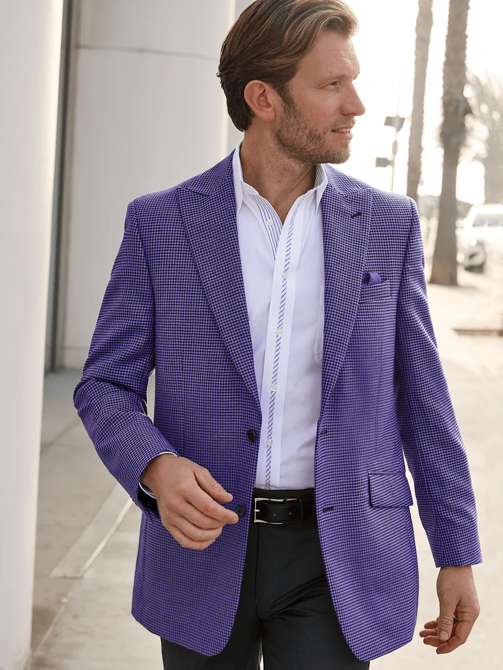 Wool Houndstooth Single Breasted Peak Lapel Sport Coat - Purple