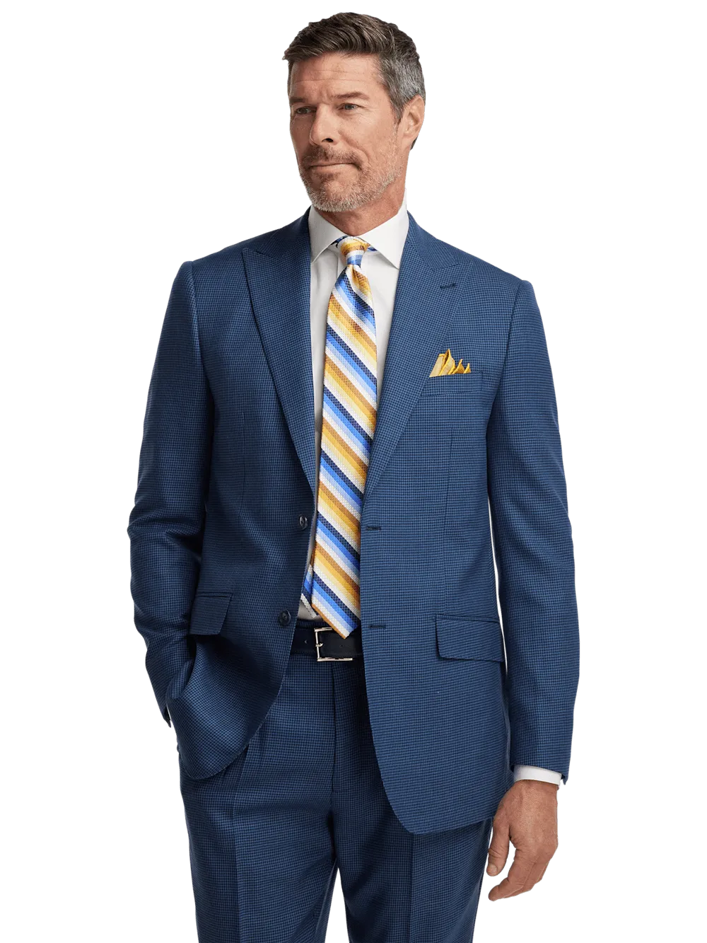 Wool Houndstooth Single Breasted Peak Lapel Suit Jacket - Blue