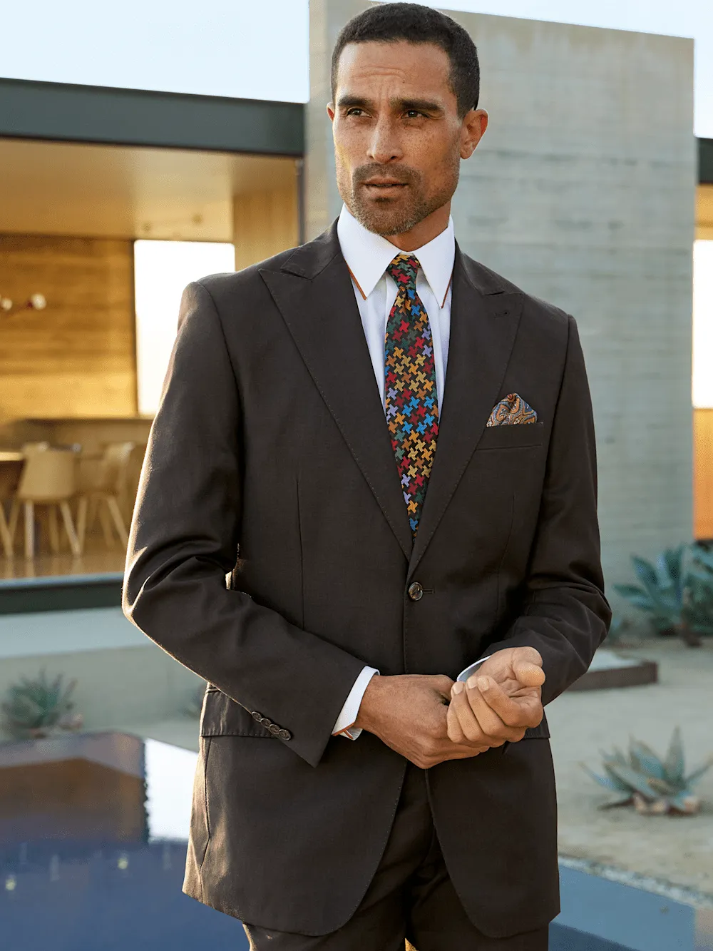 Wool Stretch Bengaline Peak Lapel Suit Jacket - Dark Brown