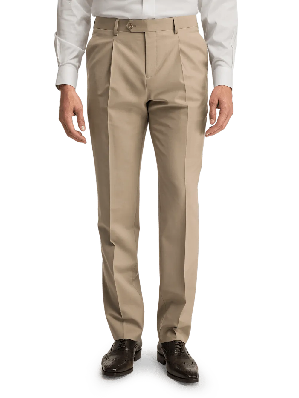 Wool Stretch Bengaline Pleated Suit Pants - Light Tan