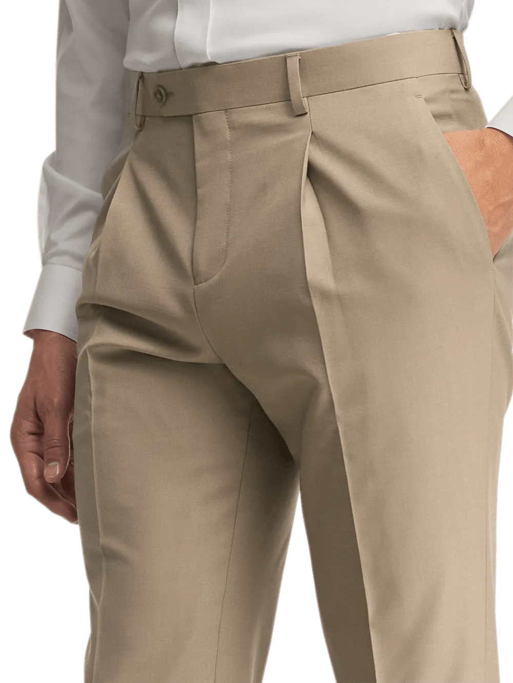 Wool Stretch Bengaline Pleated Suit Pants - Light Tan
