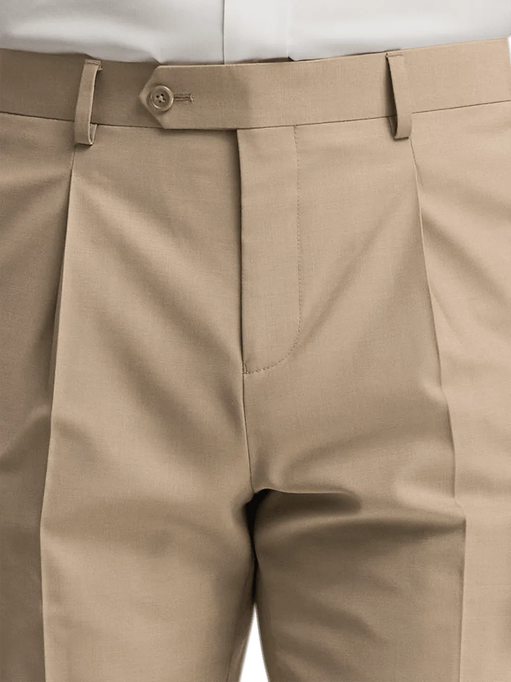 Wool Stretch Bengaline Pleated Suit Pants - Light Tan