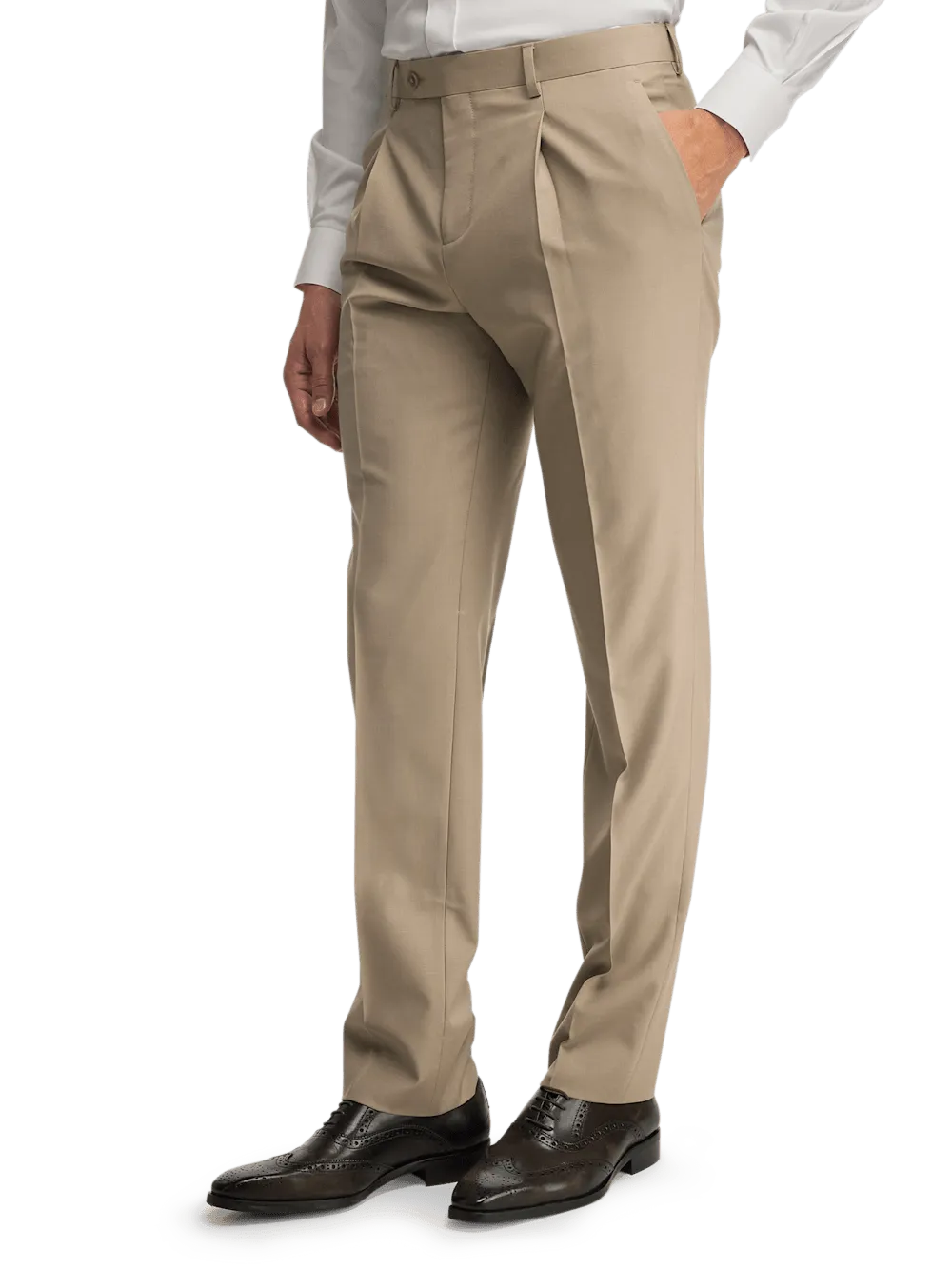 Wool Stretch Bengaline Pleated Suit Pants - Light Tan