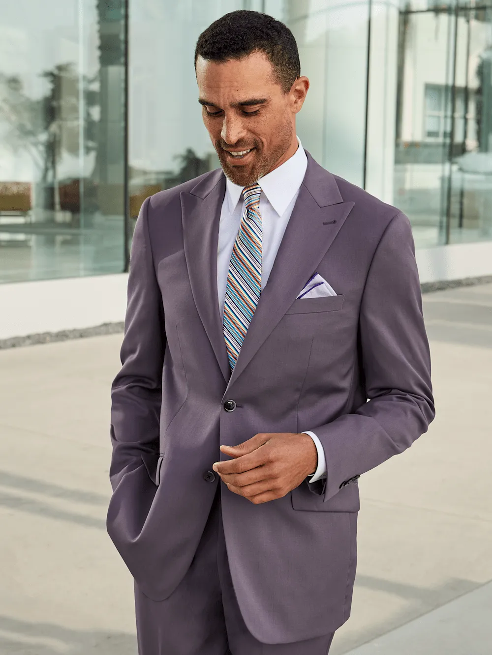 Wool Stretch Single Breasted Peak Lapel Suit Jacket - Slate Purple