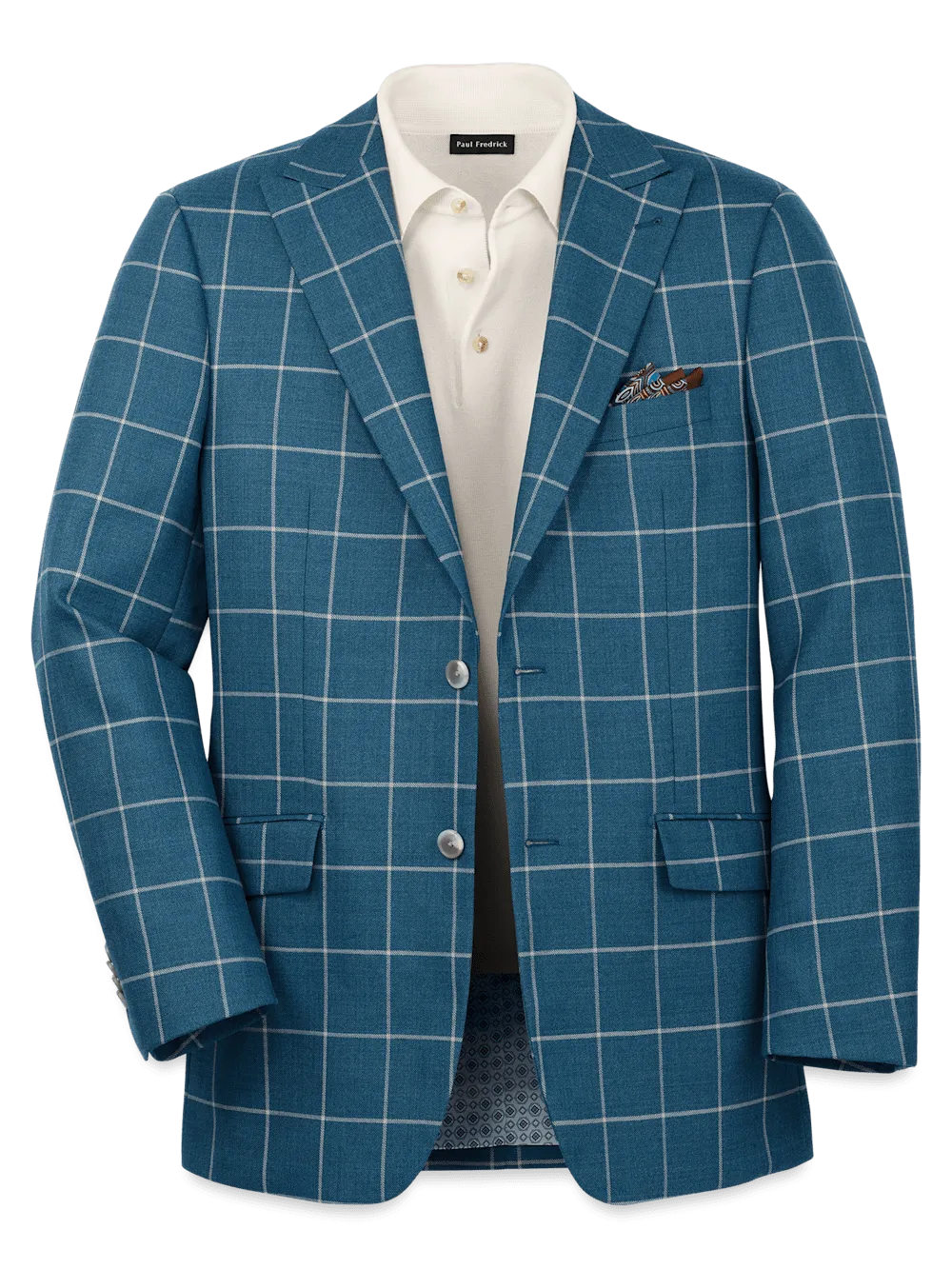 Wool Windowpane Single Breasted Peak Lapel Sport Coat - Teal
