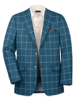 Wool Windowpane Single Breasted Peak Lapel Sport Coat - Teal